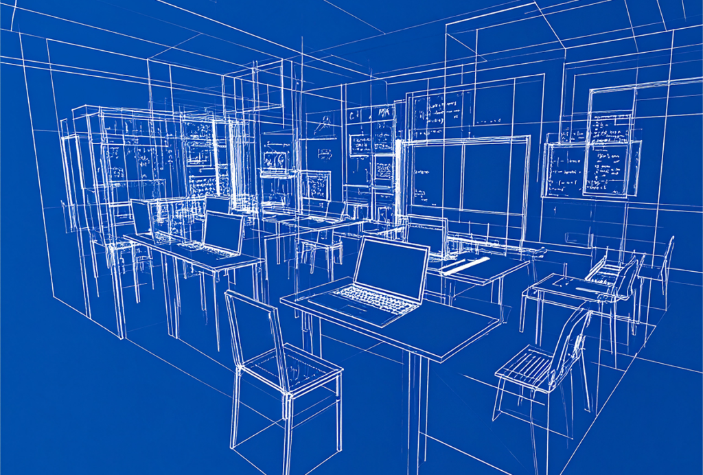 AI-generated, blueprint-like illustration of a classroom.