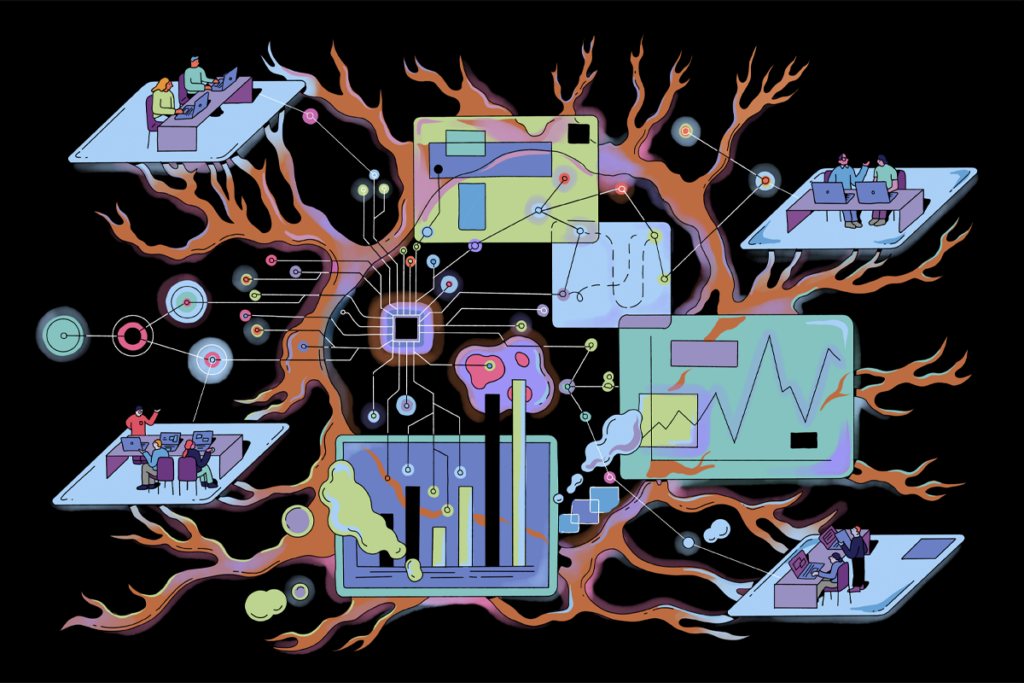 Illustration of people collaborating in different locations.