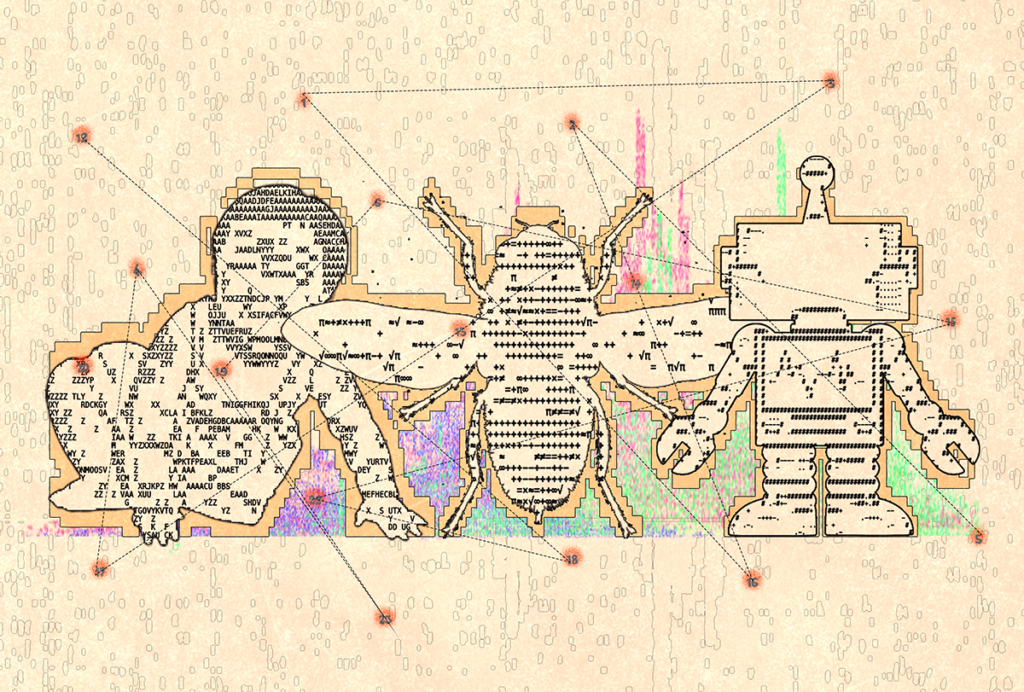 Illustration of the outlines of a baby, a bee and a robot filled in with computer code-like characters.