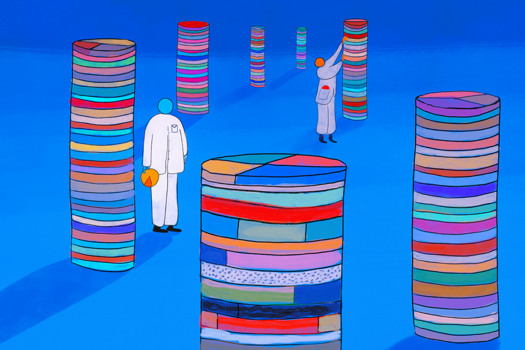 Two researchers wander through stacks of pie charts.