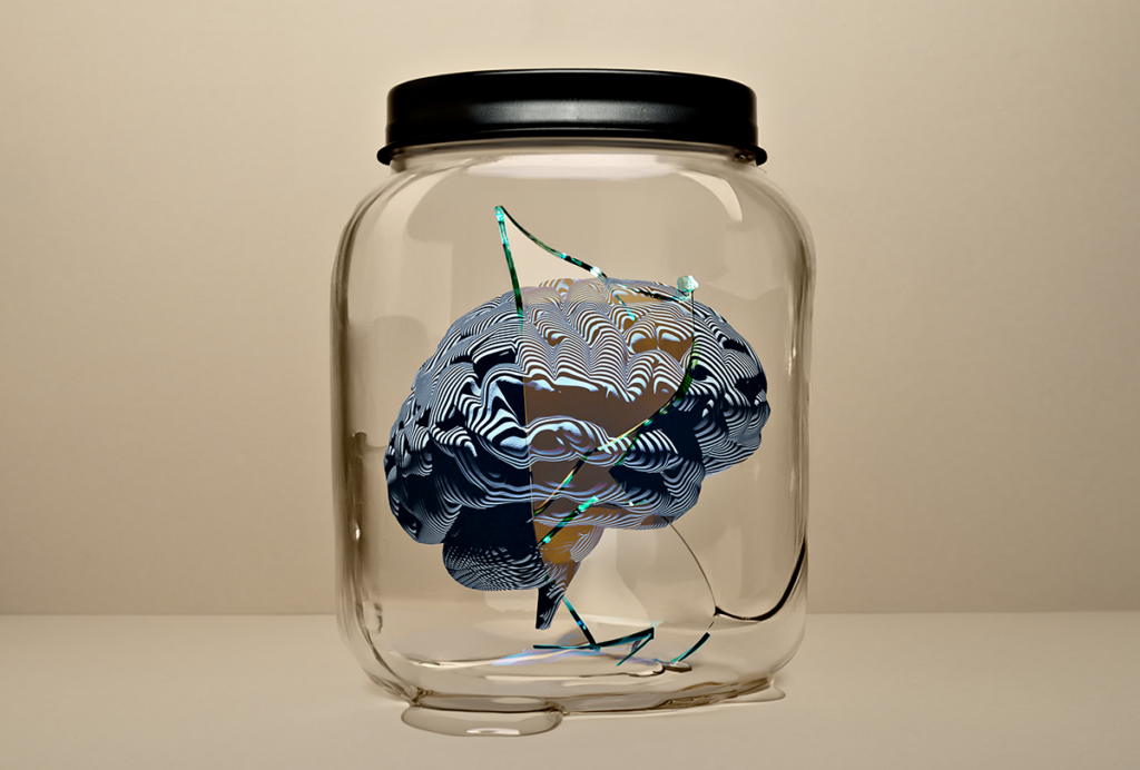 Computer-generated illustration of a brain in a broken jar.