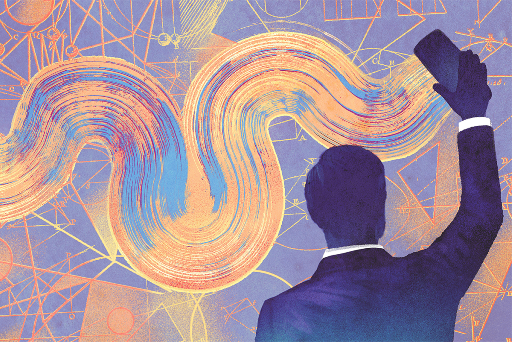 A figure is erasing date from a chalkboard-like surface covered with science and data related designs.