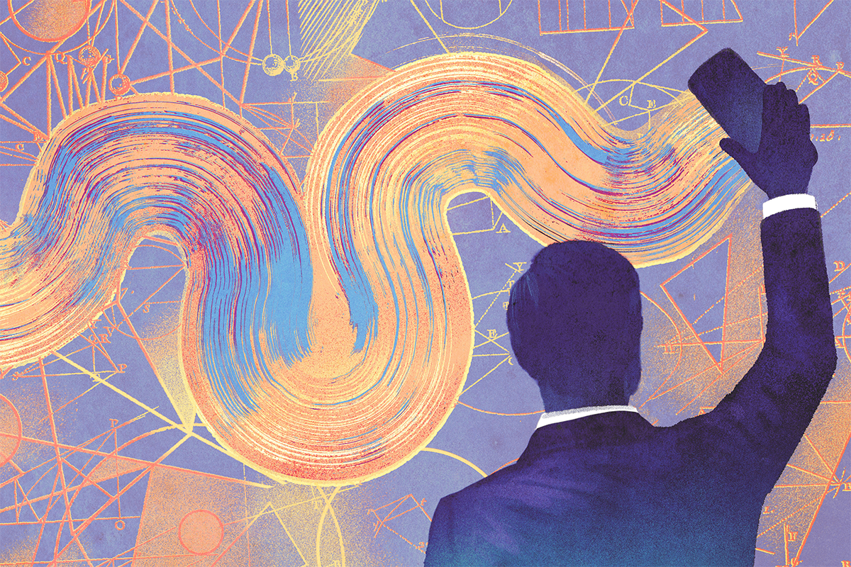 A figure is erasing date from a chalkboard-like surface covered with science and data related designs.