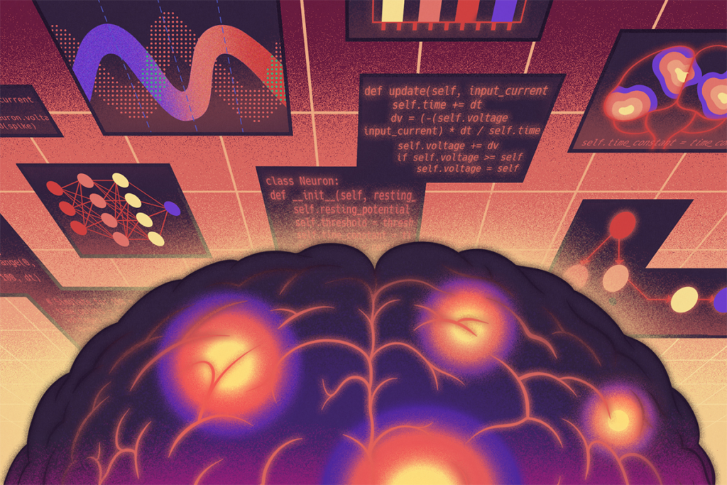Illustration of a brain and screens of computer code.