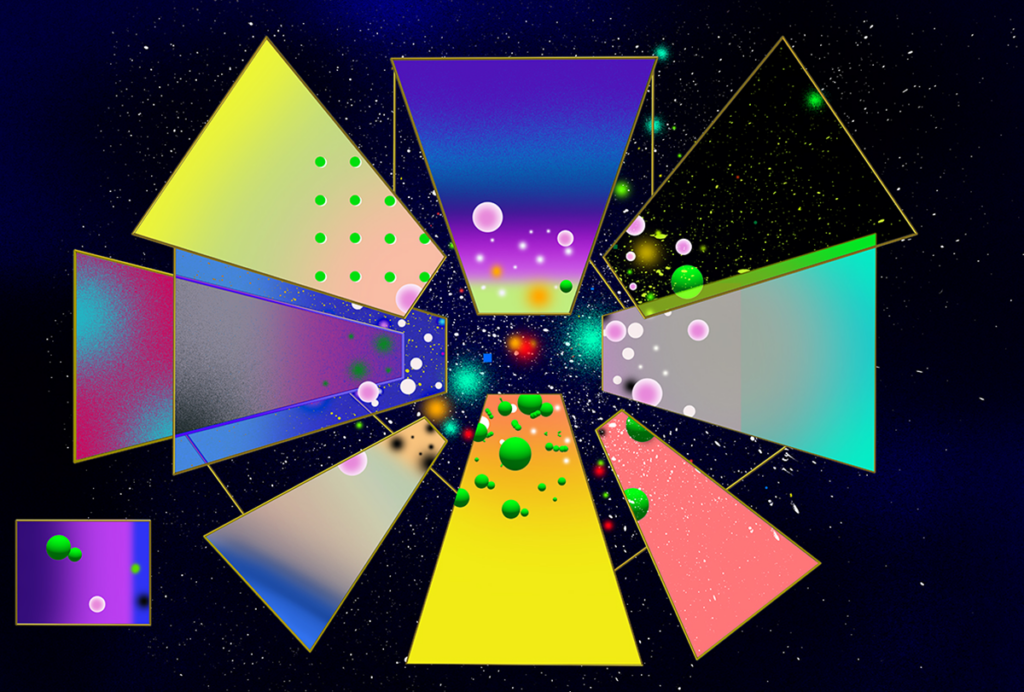 A series of colored rectangles in a cosmos-like black space.