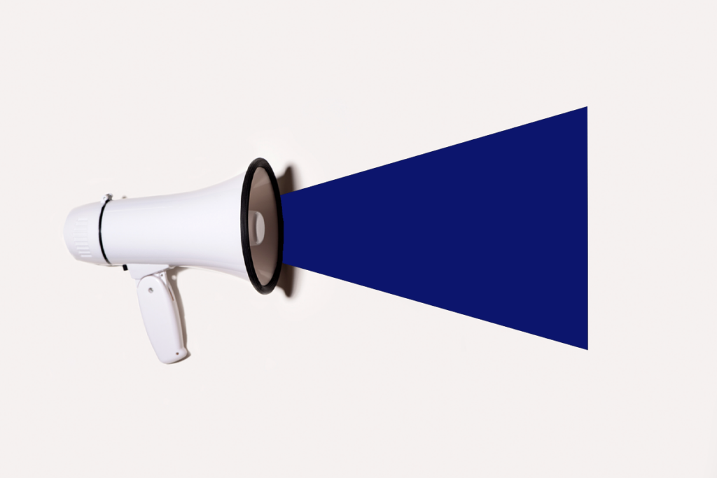 A blue shape emanates from a megaphone.