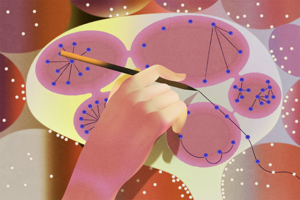 Illustration of a hand drawing lines between different points on the outline of a brain.