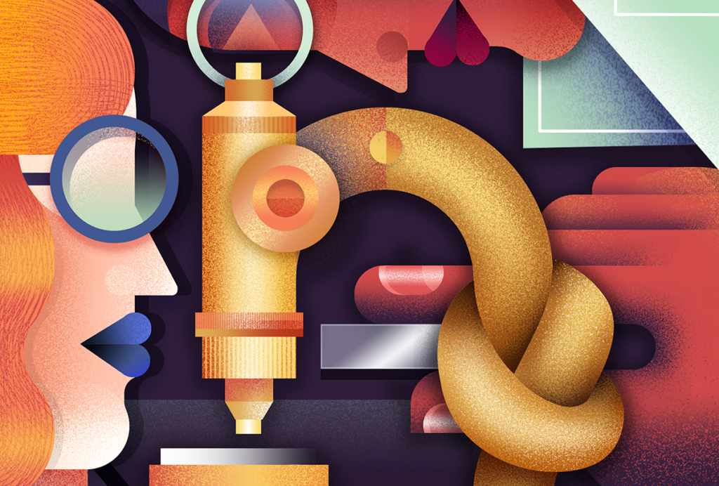 Illustration of two researchers attempting to use a microscope that has been twisted into a knot.