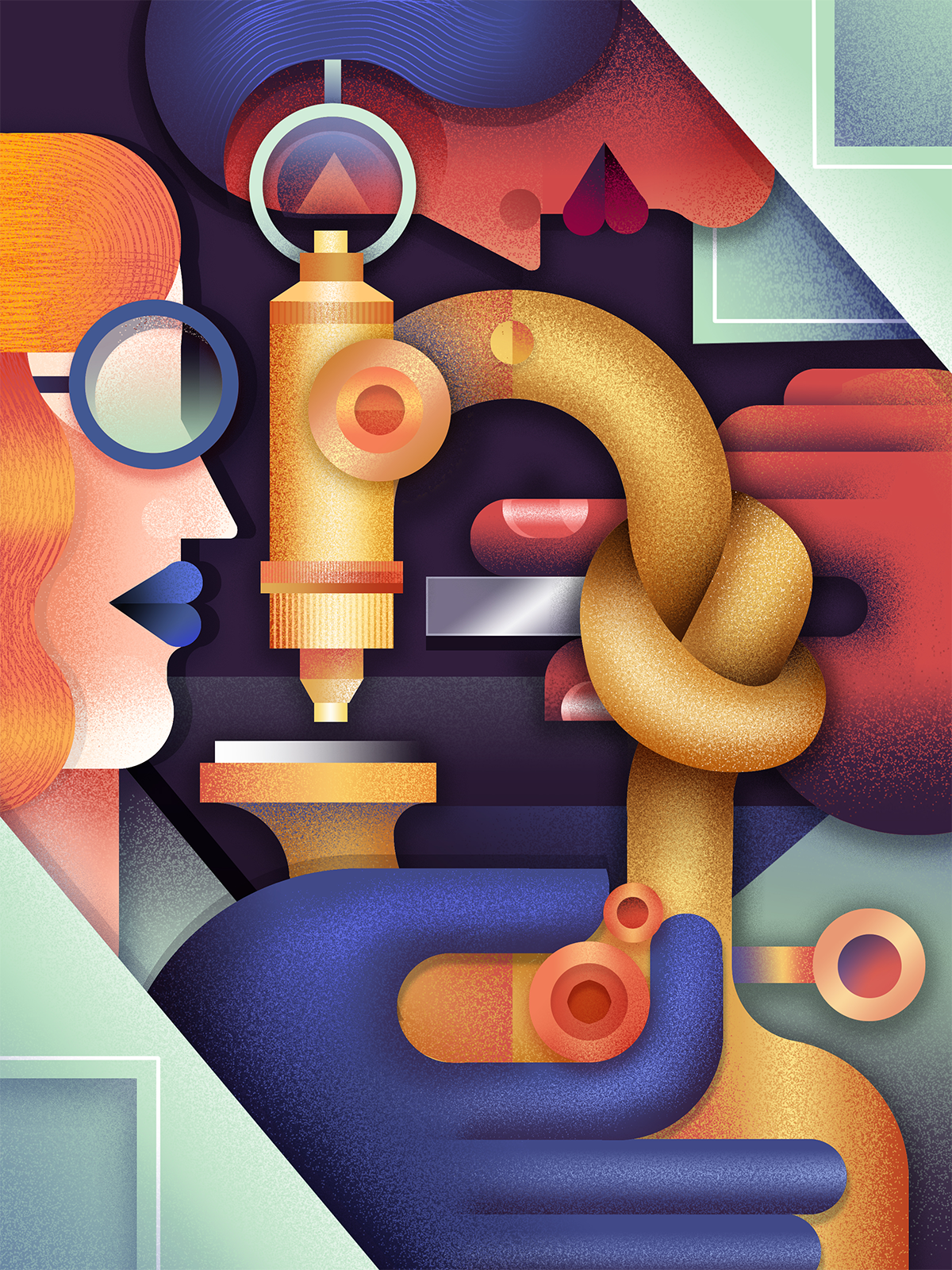 Illustration of two researchers attempting to use a microscope that has been twisted into a knot.