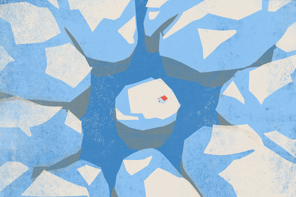 Arial view of a house isolated on an iceberg.