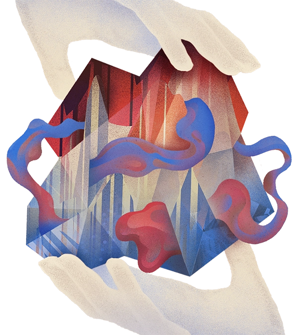 Illustration of two hands holding an abstract geometric object that resembles a human brain.