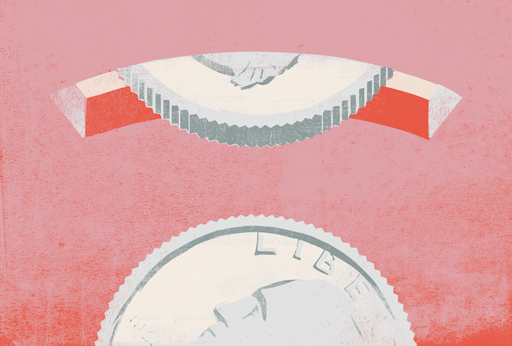 View from inside a piggy bank show coins falling through the slot.