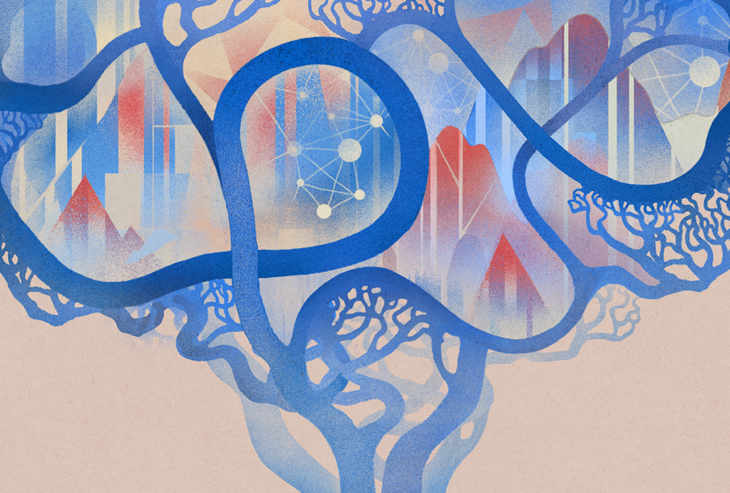 A tree limb-like pattern superimposed over a landscape.