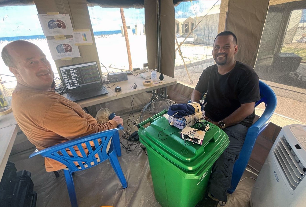 Nachum Ulanovsky and another researcher conducting research on an uninhabited oceanic island near Zanzibar.