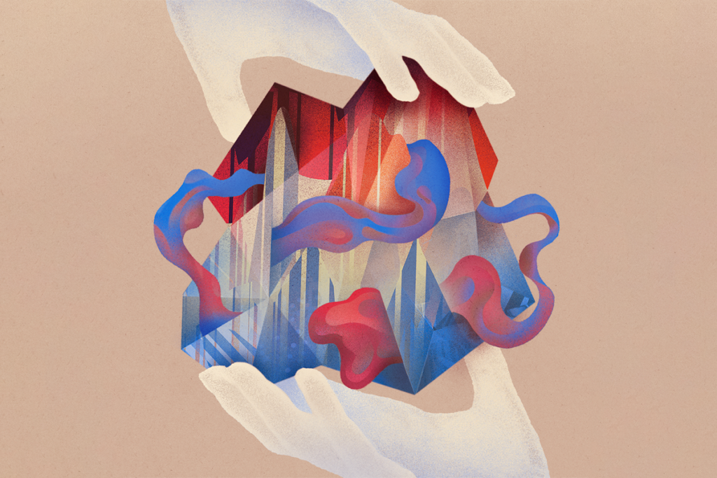 Illustration of two hands holding an abstract geometric object that resembles a human brain.