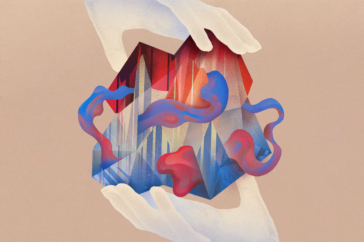 Illustration of two hands holding an abstract geometric object that resembles a human brain.