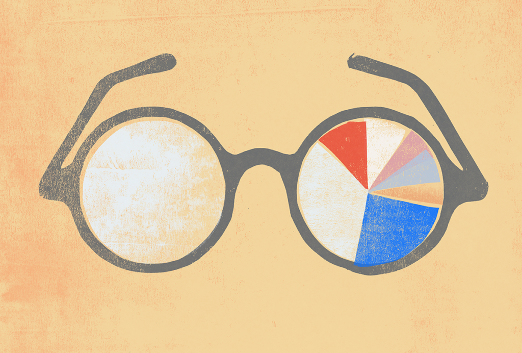 Glasses with a pie chart in one of the lenses.