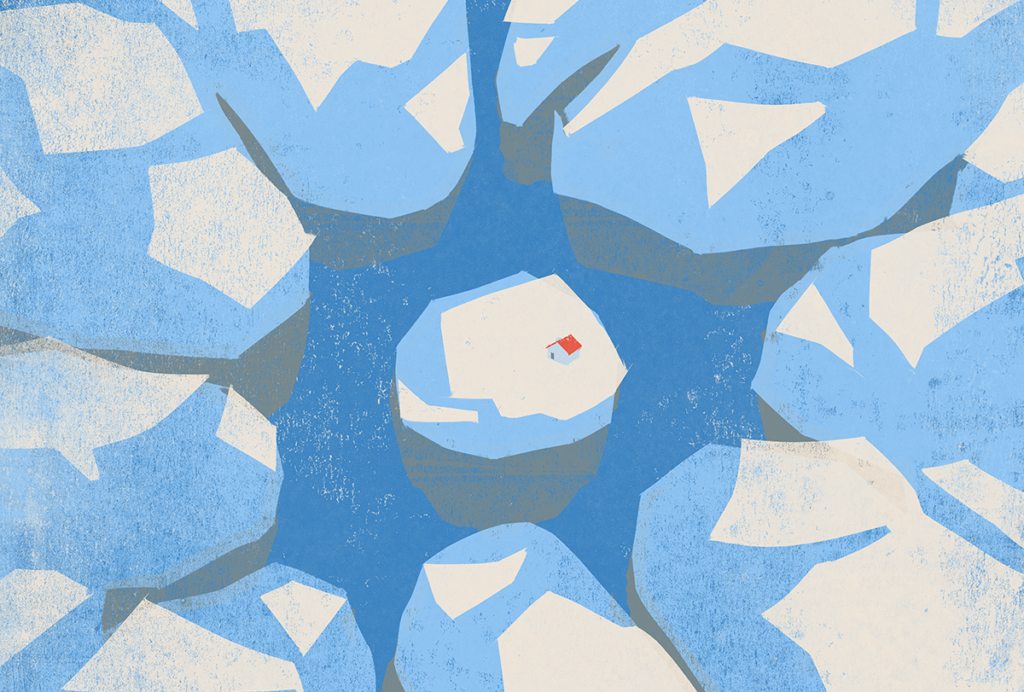 Aerial view of a house isolated on an iceberg.