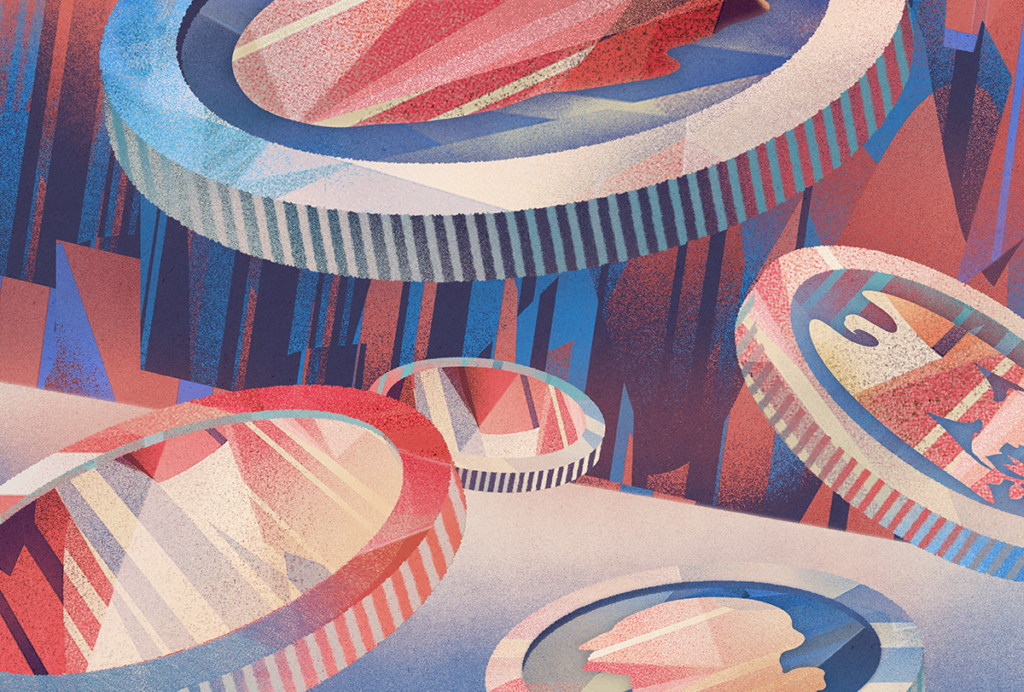 Illustration of coins falling through space.