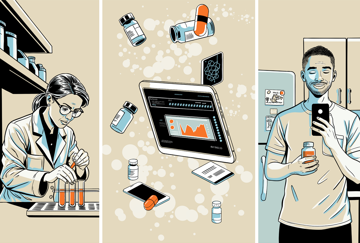 Comic strip-like illustration showing a scientist at the bench, pills and data, and a man holding a pill bottle and looking at his phone while smiling.