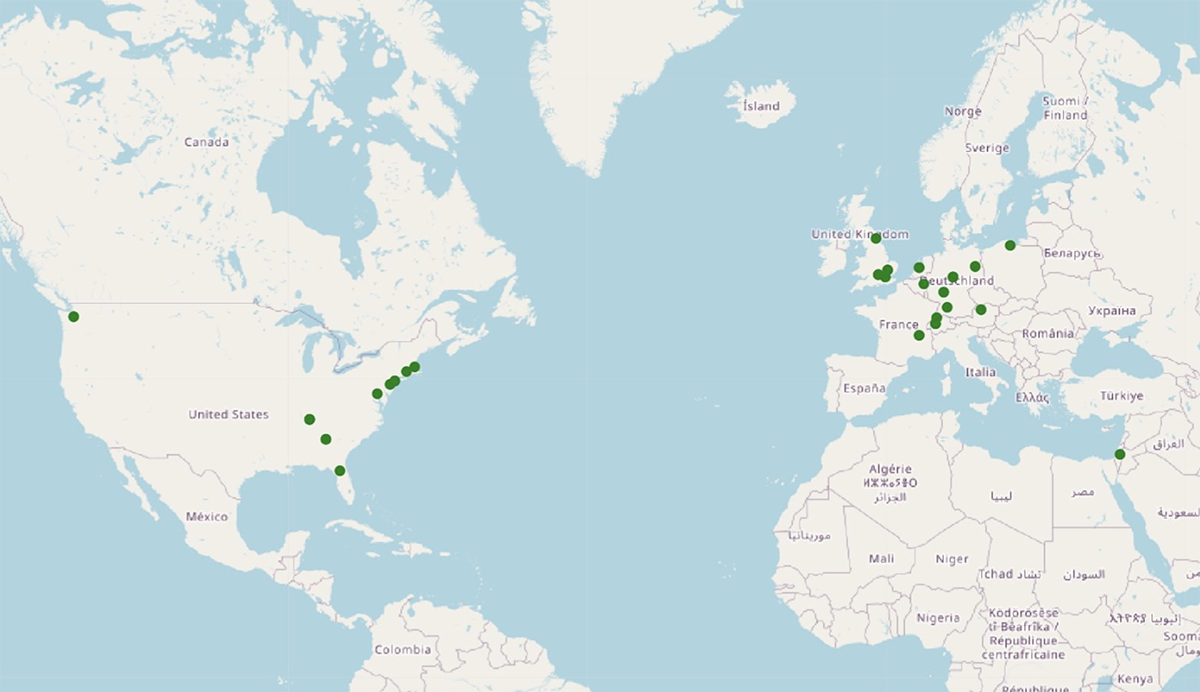 Map with dots in the United States and Europe.