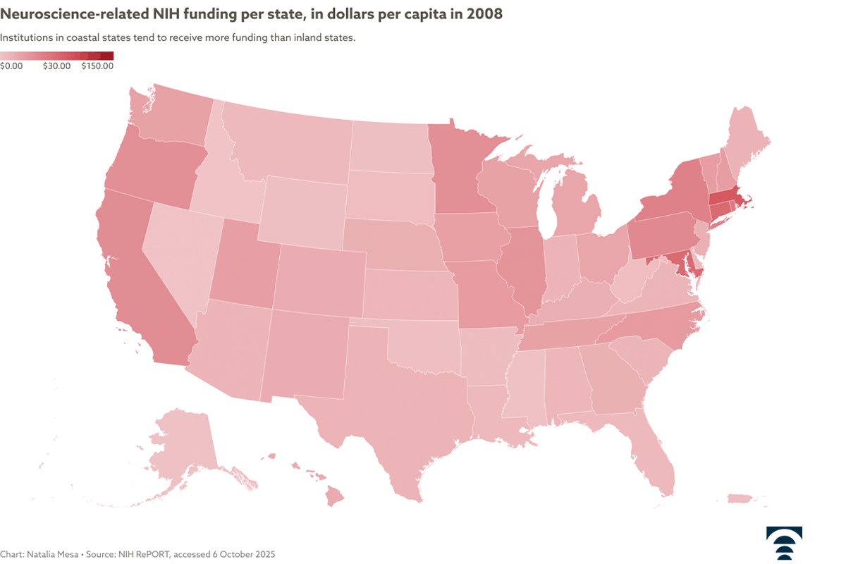 Time-lapse map of neuroscience-related NIH funding in each US state from 2008 to 2024.