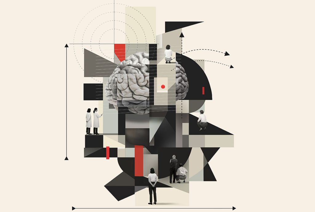 Collage illustration of a brain, people looking at the brain, and geometric shapes.