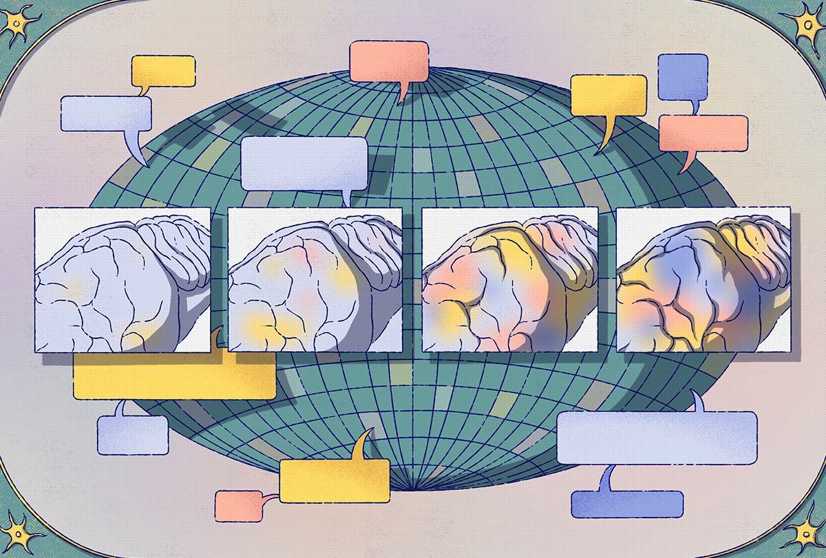 Speech bubbles and images of a brain overlaid on a globe.