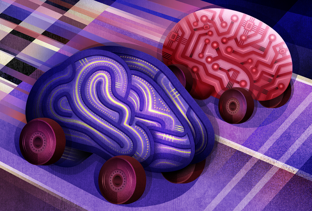 Brain-shaped go-karts race.