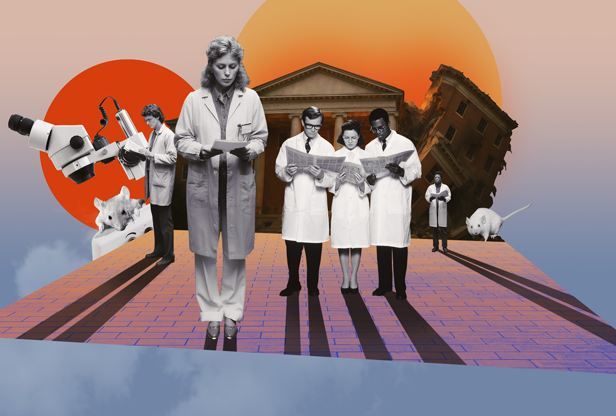 A group of researchers reading while institutions crumble in the background, and giant mice appear on the horizon.