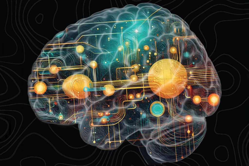 A see-through human brain with circuits inside it.