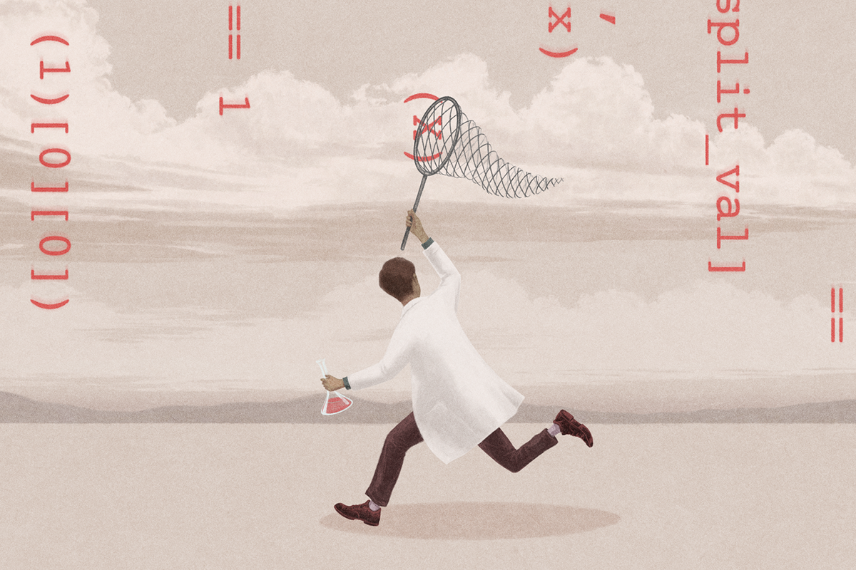 A scientist chases falling code with a butterfly net in a spare landscape with beautiful high clouds.