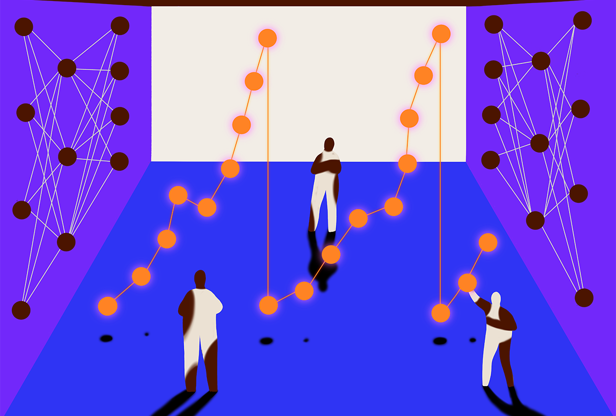 Illustration of human figures holding brightly colored connected dots.