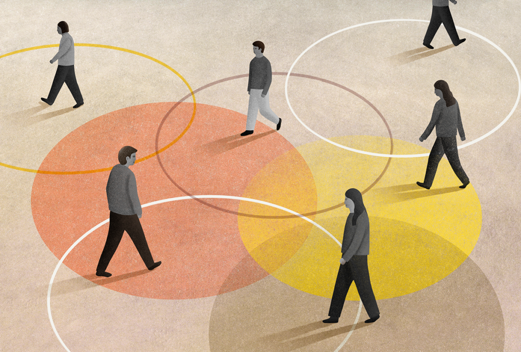 Illustration of people walking over colored circles on the ground.