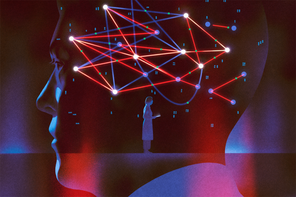 A network of connected dots of light hovers inside a translucent human head, with figures in lab coats pointing to it from the foreground.