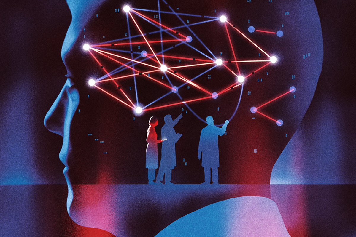 A network of connected dots of light hovers inside a translucent human head, with figures in lab coats pointing to it from the foreground.