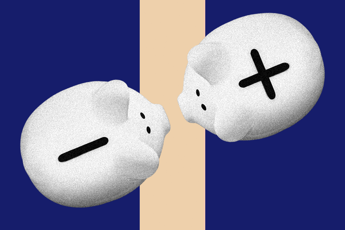 Two piggy banks whose slots form a plus symbol and a minus symbol.