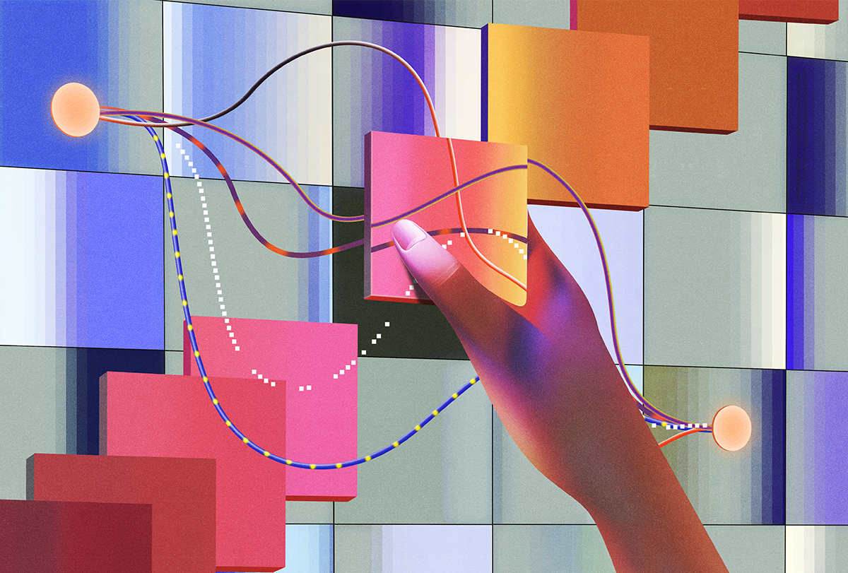 A hand moves a square within a set of squares in a consistent gradient, while a hand of lines representing computation passes through.