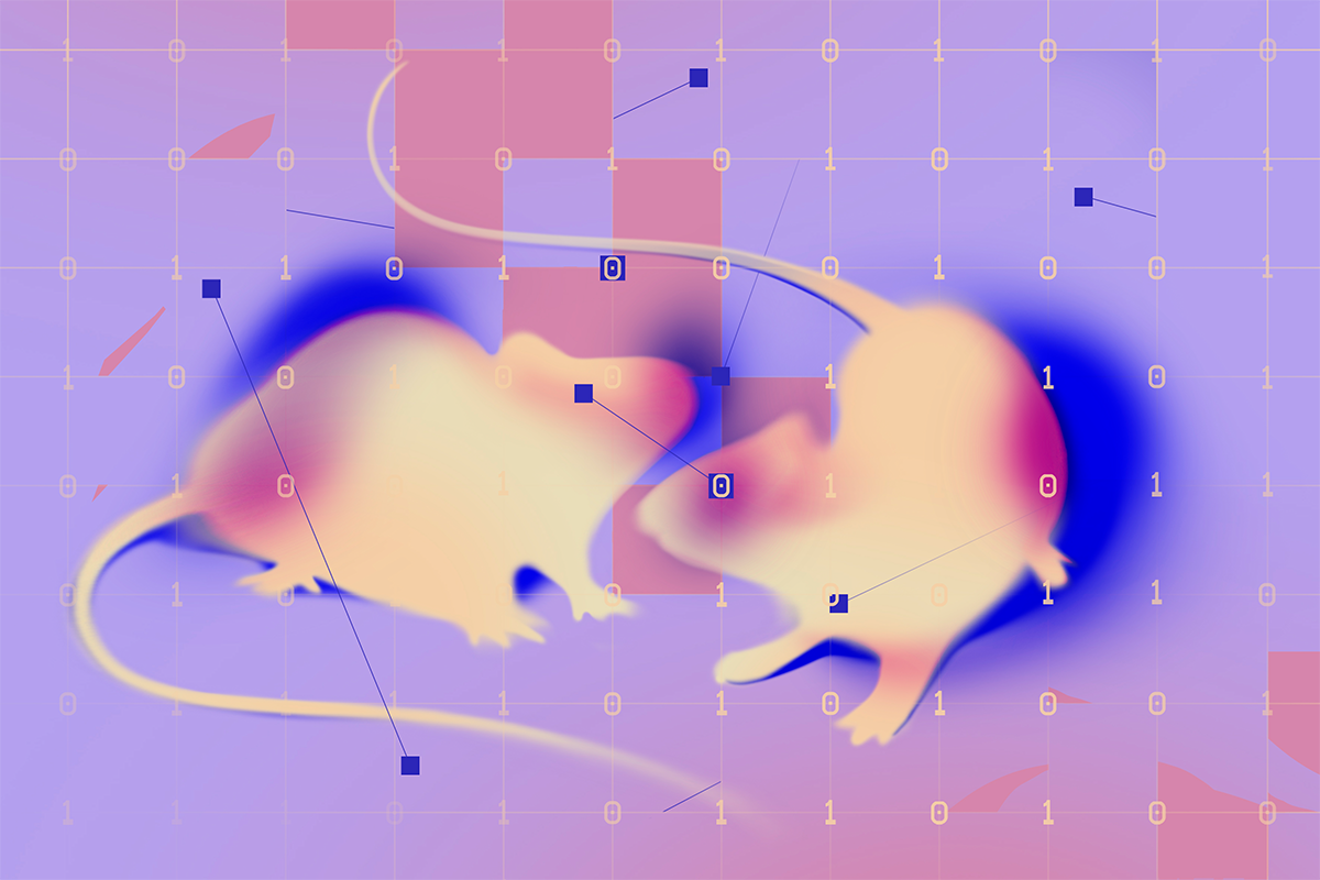 Two heatmap-like mouse silhouettes overlaid with a grid of ones and zeroes.