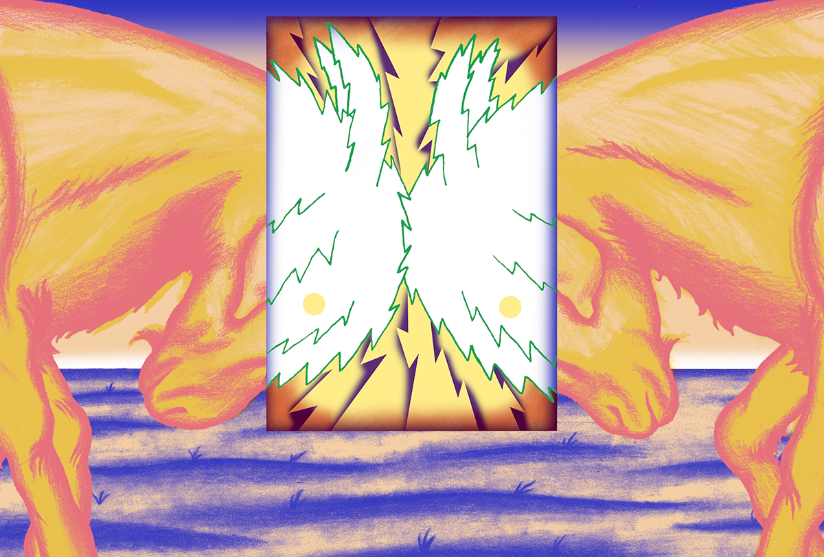 Two goats headbutting.