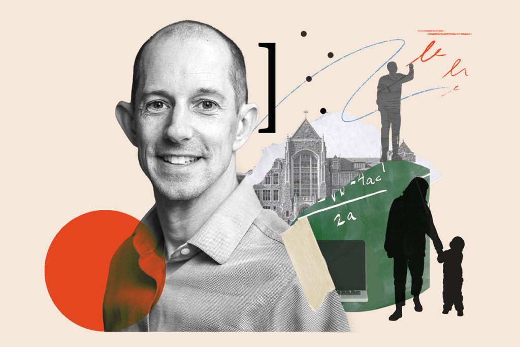 Portrait of Raphe Bernier in front of a collage of a building, a chalkboard, a computer and human silhouettes.