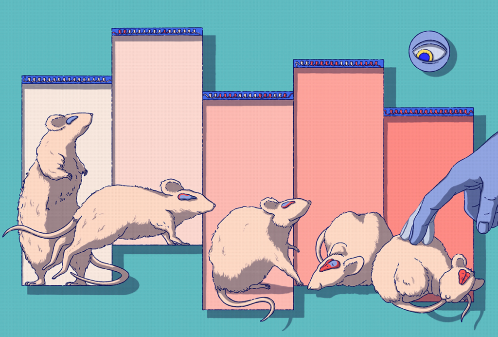 Gloved hand reaches out to touch a mouse.