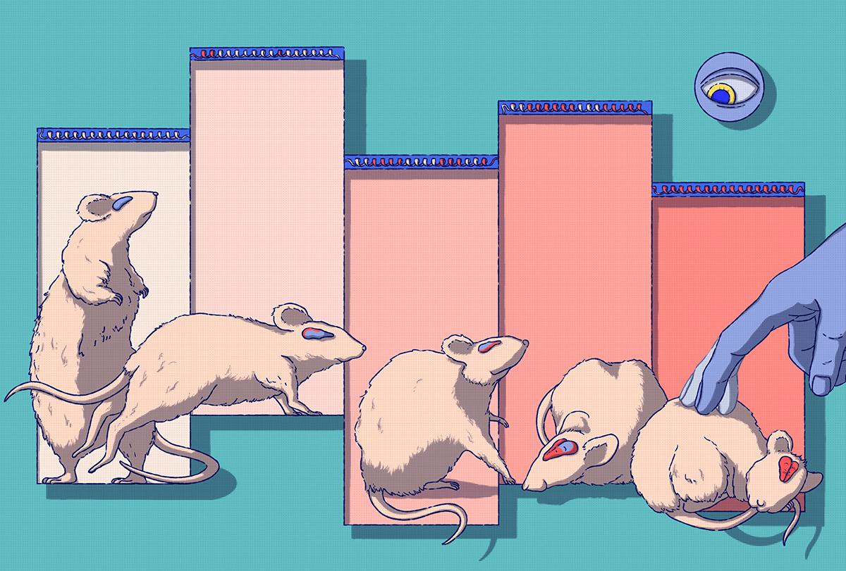 Gloved hand reaches out to touch a mouse.