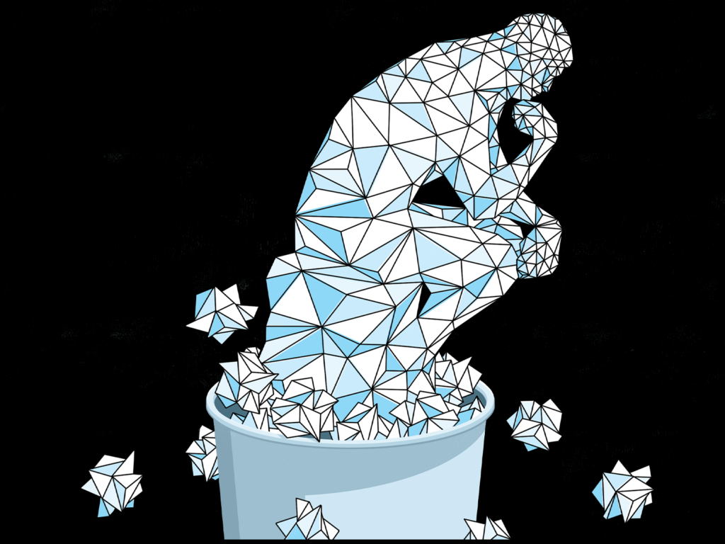 Figure resembling Rodin's The Thinker made from paper scraps.