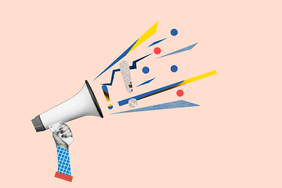 Megaphone with many different shapes and textures emanating from it.