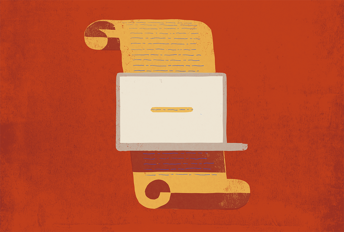 Illustration of a laptop computer superimposed over a scroll.