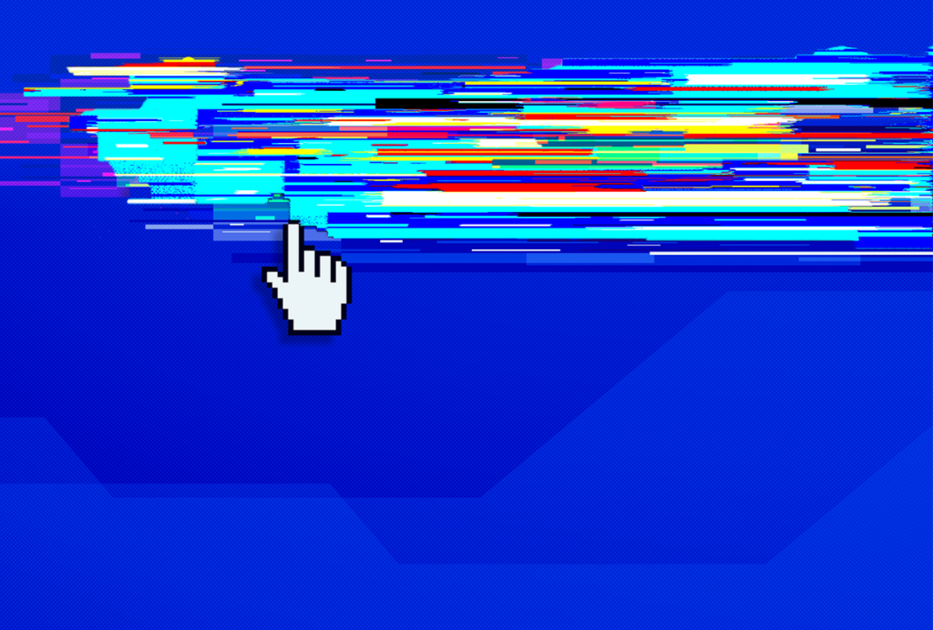 A computer cursor hovers over distorted data.
