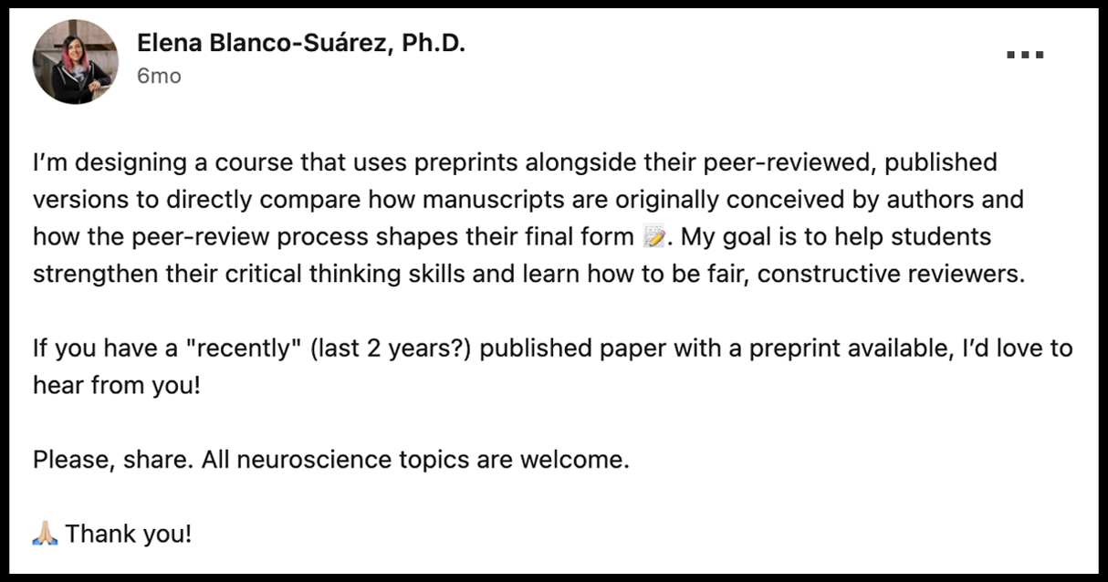 Screenshot of the author requesting on social media that researchers volunteer their preprints for her course on peer review.