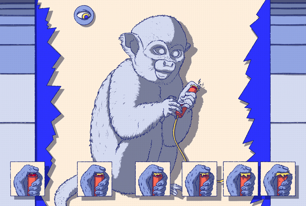 Illustration of a monkey pushing a button.