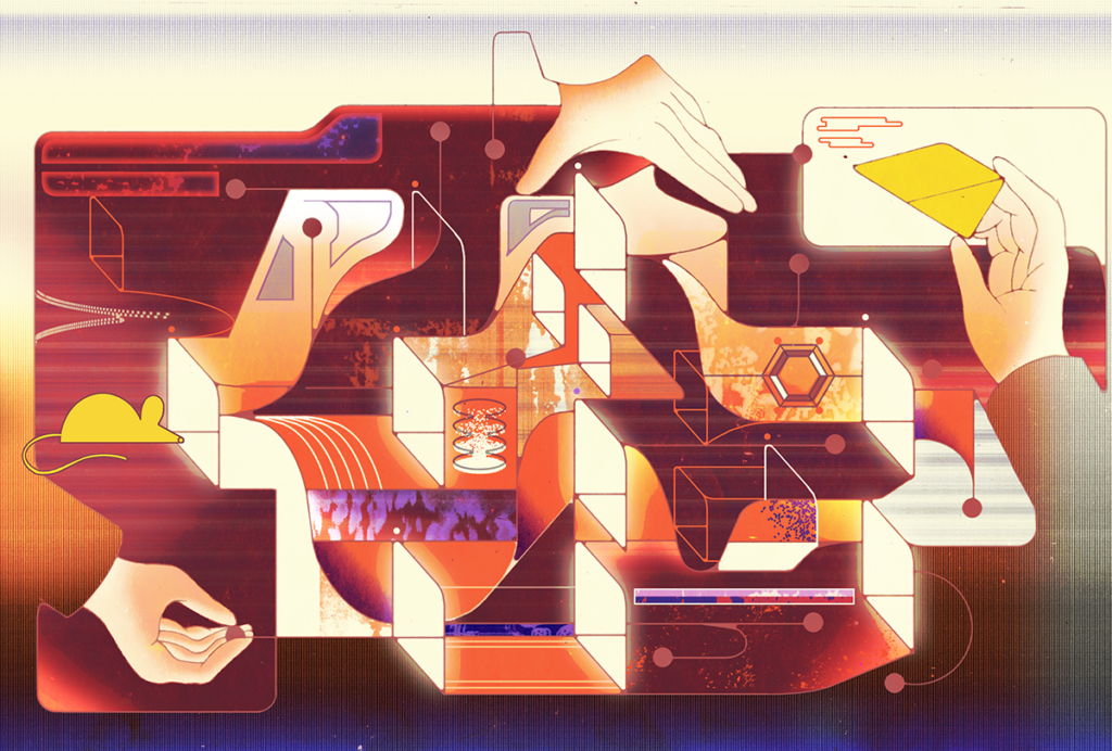 Researcher hands and mice navigate a series of connected spaces and paths.